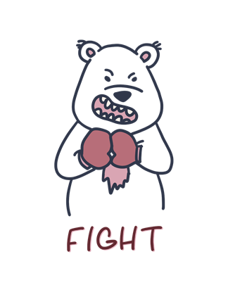 gezeichneter Bär mit aufgerissenem Maul und Boxhandschuhen, darunter der Text "Fight"