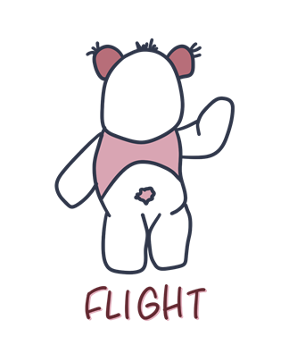 gezeichneter Bär von hinten, der weggeht und eine Hand hoch hält. Darunter der Text "Flight"