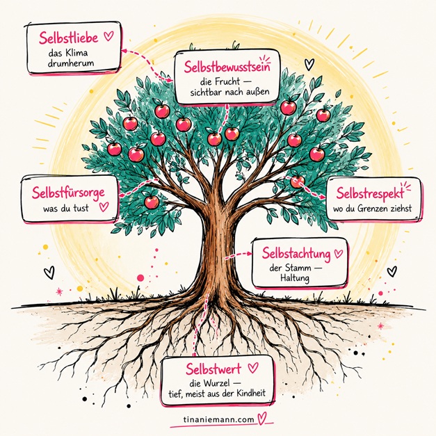 Selbstliebe-Baum, der verschiedene Begrifflichkeiten mit "Selbst-" einordnet analog zu einem Baum, mit Wurzeln, Stamm und Zweigen. Diese Abbildung wurde mit KI erstellt