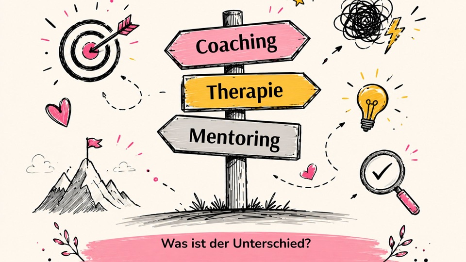 Ein Wegweise mit Pfeilen. Jeder Pfeil als Schild enthält den Namen einer Disziplin: Coaching - Therapie - Mentoring. Drumherum passende Doodle und Skizzen.