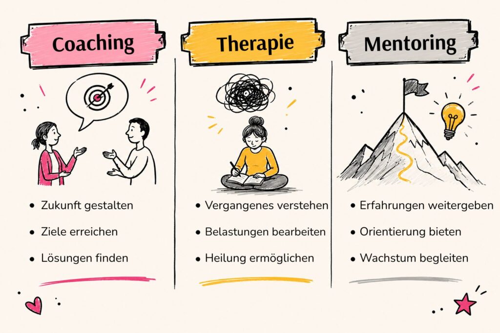 Infografik im Sketchnote-Stil, was die Besonderheiten von jeweils Coaching, Therapie oder Mentoring sind.